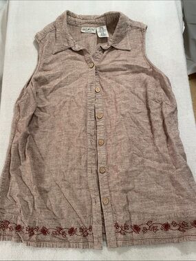 White Stag Linen Blend Flax-Colored Textured Sleeveless Button Front Top